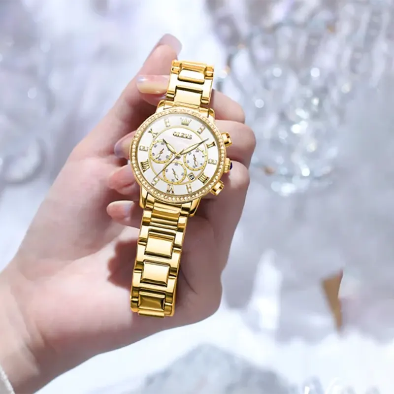 Olevs Chronograph White Dial Gold-tone Ladies Watch- 9976